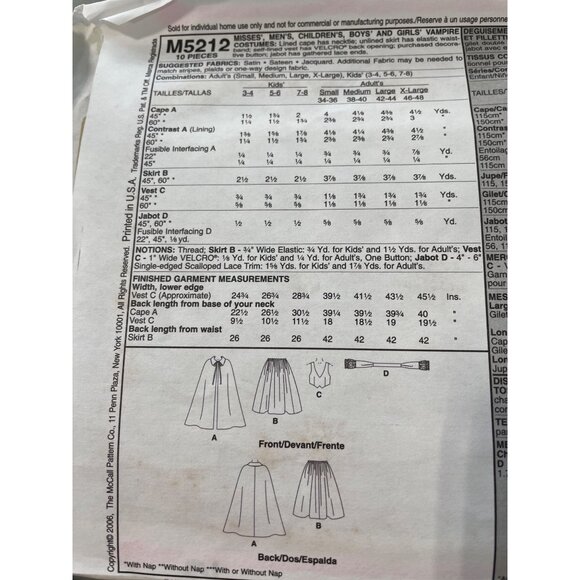 McCalls M5212 Sewing Pattern Size Adults Small-XL Vampire Costume Party UNCUT - Picture 5 of 6